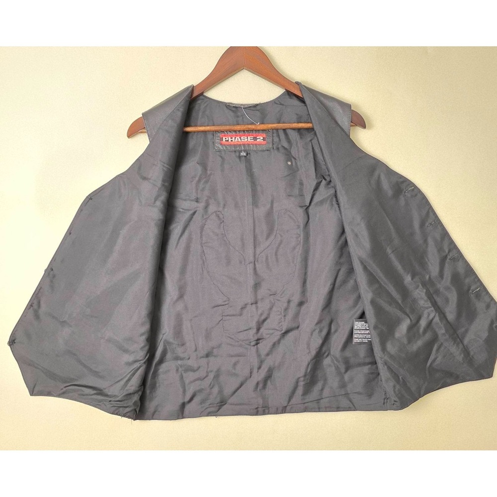 Vintage Phase 2 Leather Vest Men's L Large Black Motorcycle Waistcoat Pockets - Picture 5 of 13